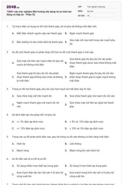 1000+ câu trắc nghiệm Môi trường xây dựng và an toàn lao động có đáp án - Phần 52