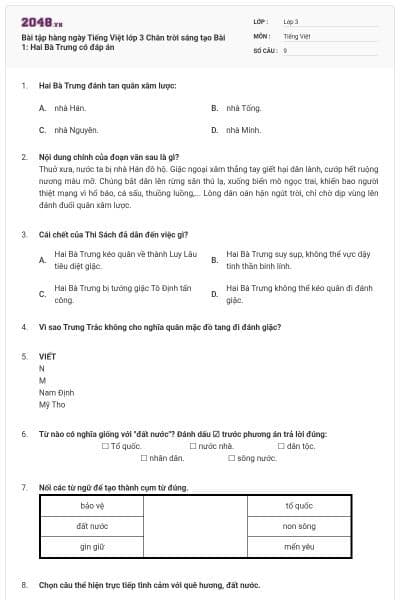 Bài tập hàng ngày Tiếng Việt lớp 3 Chân trời sáng tạo Bài 1: Hai Bà Trưng có đáp án