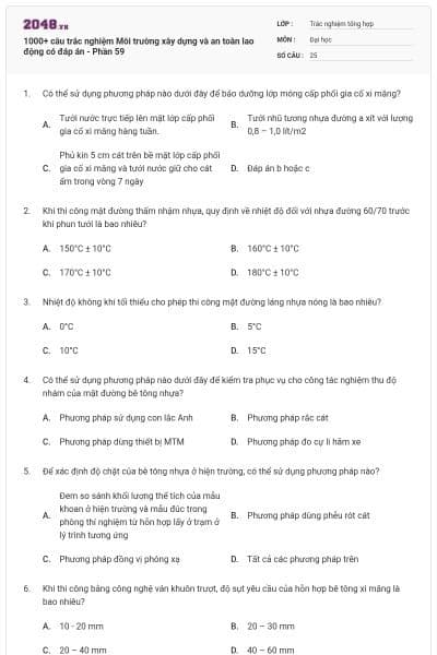 1000+ câu trắc nghiệm Môi trường xây dựng và an toàn lao động có đáp án - Phần 59
