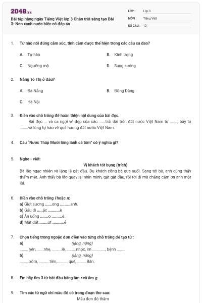 Bài tập hàng ngày Tiếng Việt lớp 3 Chân trời sáng tạo Bài 3: Non xanh nước biếc có đáp án