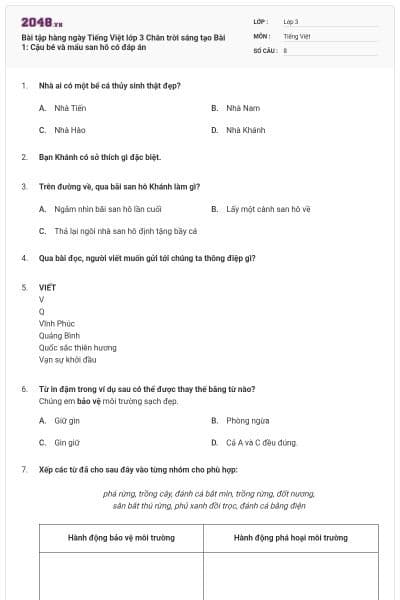 Bài tập hàng ngày Tiếng Việt lớp 3 Chân trời sáng tạo Bài 1: Cậu bé và mẩu san hô có đáp án