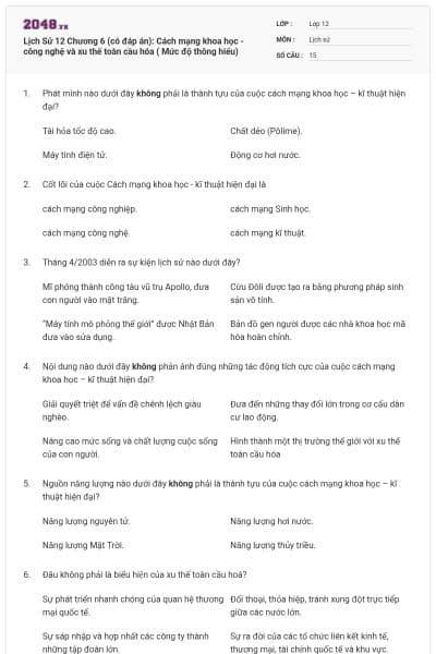 Lịch Sử 12 Chương 6 (có đáp án): Cách mạng khoa học - công nghệ và xu thế toàn cầu hóa ( Mức độ thông hiểu)