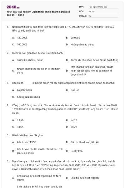 400+ câu trắc nghiệm Quản trị tài chính doanh nghiệp có đáp án - Phần 8
