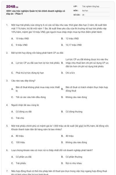 400+ câu trắc nghiệm Quản trị tài chính doanh nghiệp có đáp án - Phần 9