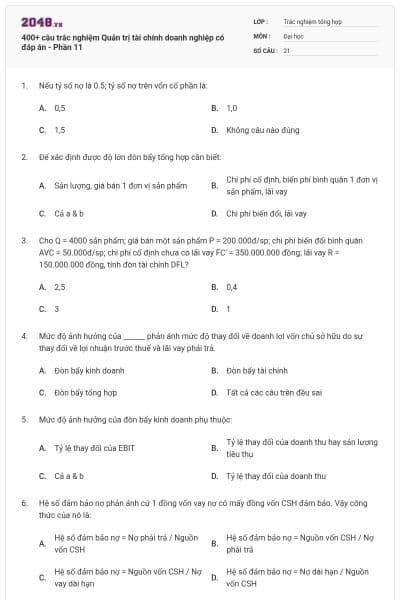 400+ câu trắc nghiệm Quản trị tài chính doanh nghiệp có đáp án - Phần 11