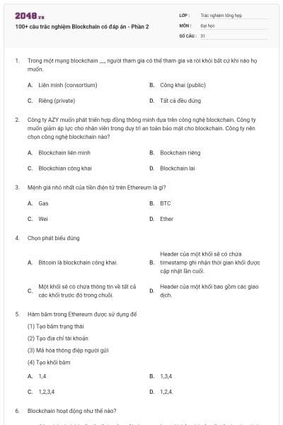 100+ câu trắc nghiệm Blockchain có đáp án - Phần 2