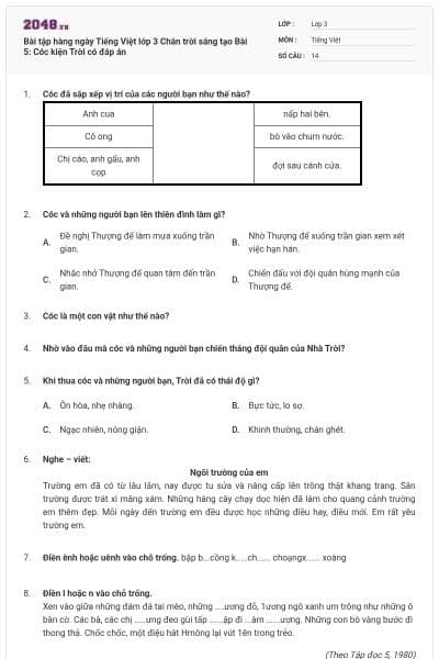 Bài tập hàng ngày Tiếng Việt lớp 3 Chân trời sáng tạo Bài 5: Cóc kiện Trời có đáp án