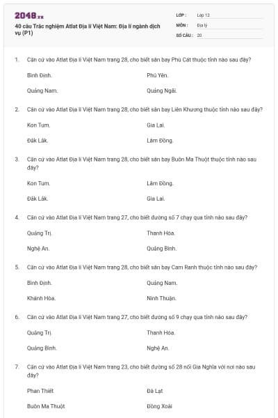 40 câu  Trắc nghiệm Atlat Địa lí Việt Nam: Địa lí ngành dịch vụ (P1)