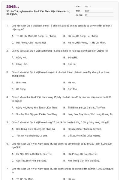 30 câu Trắc nghiệm Atlat Địa lí Việt Nam: Đặc điểm dân cư, Đô thị hóa