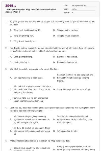 100+ câu trắc nghiệm Nhập môn Kinh doanh quốc tế có đáp án - Phần 4
