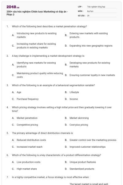 200+ câu trắc nghiệm Chiến lược Marketing có đáp án - Phần 3