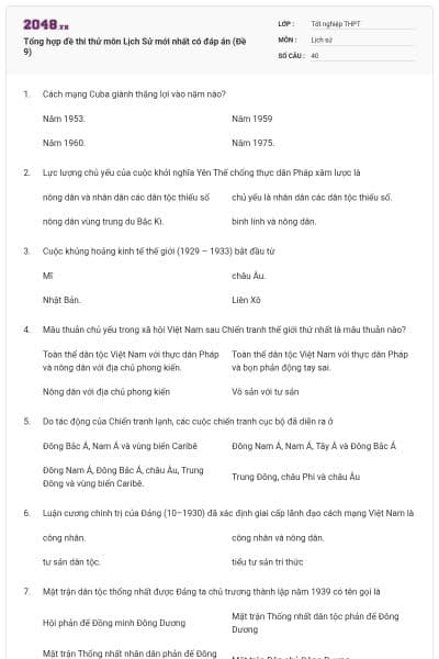 Tổng hợp đề thi thử môn Lịch Sử mới nhất có đáp án (Đề 9)