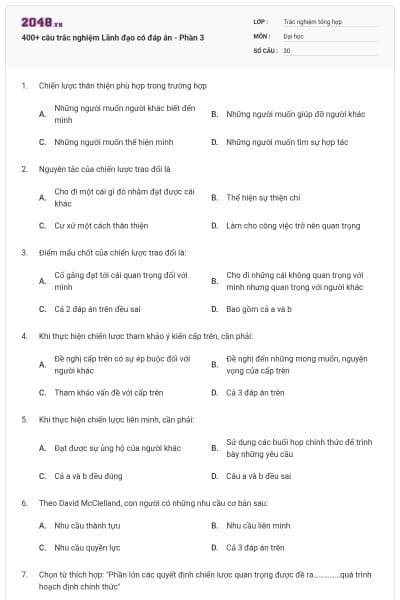 400+ câu trắc nghiệm Lãnh đạo có đáp án - Phần 3