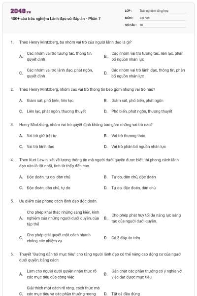 400+ câu trắc nghiệm Lãnh đạo có đáp án - Phần 7
