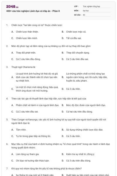 400+ câu trắc nghiệm Lãnh đạo có đáp án - Phần 8
