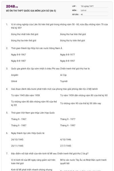 ĐỀ ÔN THI THPT QUỐC GIA MÔN LỊCH SỬ (Đề 5)