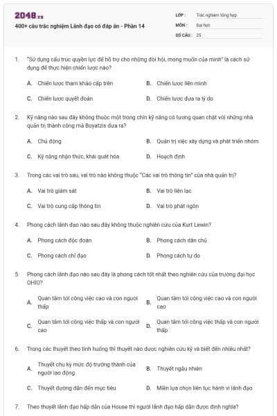 400+ câu trắc nghiệm Lãnh đạo có đáp án - Phần 14