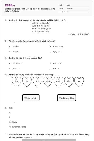 Bài tập hàng ngày Tiếng Việt lớp 3 Kết nối tri thức Bài 2: Về thăm quê đáp án