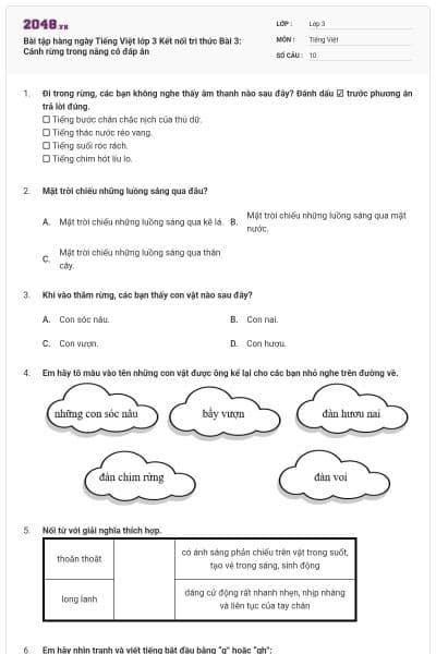 Bài tập hàng ngày Tiếng Việt lớp 3 Kết nối tri thức Bài 3: Cánh rừng trong nắng có đáp án