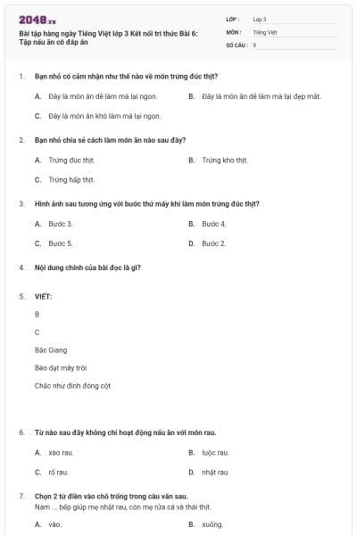 Bài tập hàng ngày Tiếng Việt lớp 3 Kết nối tri thức Bài 6: Tập nấu ăn có đáp án