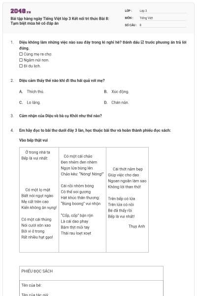 Bài tập hàng ngày Tiếng Việt lớp 3 Kết nối tri thức Bài 8: Tạm biệt mùa hè có đáp án