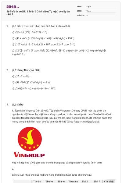 Bộ 5 đề thi cuối kì 1 Toán 6 Cánh diều (Tự luận) có đáp án - Đề 3