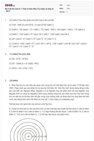 Bộ 5 đề thi cuối kì 1 Toán 6 Cánh diều (Tự luận) có đáp án - Đề 5