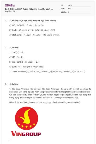 Bộ 5 đề thi cuối kì 1 Toán 6 Kết nối tri thức (Tự luận) có đáp án - Đề 1