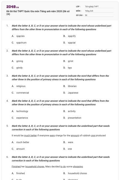 Đề thi thử THPT Quốc Gia môn Tiếng anh năm 2020 (Đề số 24)