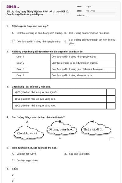 Bài tập hàng ngày Tiếng Việt lớp 3 Kết nối tri thức Bài 10: Con đường đến trường có đáp án