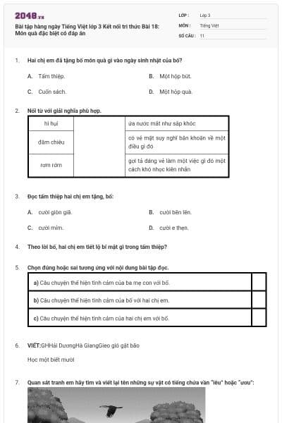 Bài tập hàng ngày Tiếng Việt lớp 3 Kết nối tri thức Bài 18: Món quà đặc biệt có đáp án
