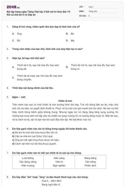 Bài tập hàng ngày Tiếng Việt lớp 3 Kết nối tri thức Bài 19: Khi cả nhà bé tí có đáp án