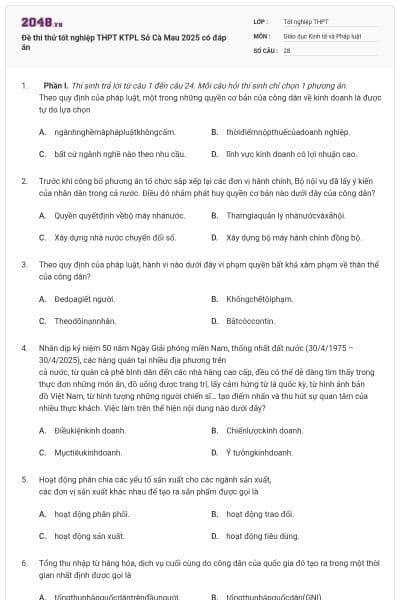 Đề thi thử tốt nghiệp THPT KTPL Sở Cà Mau 2025 có đáp án