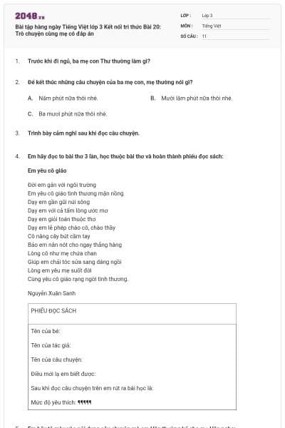Bài tập hàng ngày Tiếng Việt lớp 3 Kết nối tri thức Bài 20: Trò chuyện cùng mẹ có đáp án