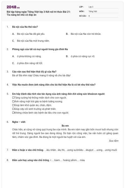 Bài tập hàng ngày Tiếng Việt lớp 3 Kết nối tri thức Bài 21: Tia nắng bé nhỏ có đáp án