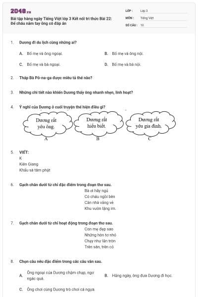 Bài tập hàng ngày Tiếng Việt lớp 3 Kết nối tri thức Bài 22: Để cháu nắm tay ông có đáp án