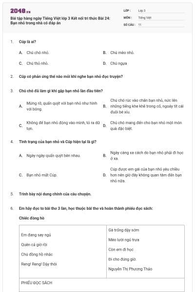 Bài tập hàng ngày Tiếng Việt lớp 3 Kết nối tri thức Bài 24: Bạn nhỏ trong nhà có đáp án