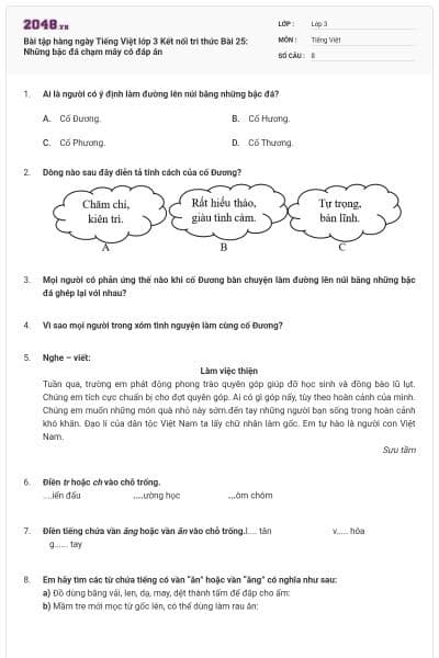 Bài tập hàng ngày Tiếng Việt lớp 3 Kết nối tri thức Bài 25: Những bậc đá chạm mây có đáp án