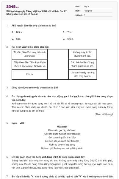 Bài tập hàng ngày Tiếng Việt lớp 3 Kết nối tri thức Bài 27: Những chiếc áo ấm có đáp án