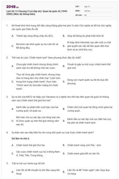 Lịch Sử 12 Chương 5 (có đáp án): Quan hệ quốc tế (1945-2000) (Mức độ thông hiểu)