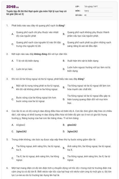 Tuyển tập đề thi thử thpt quốc gia môn Vật lý cực hay có lời giải (Đề số 3)
