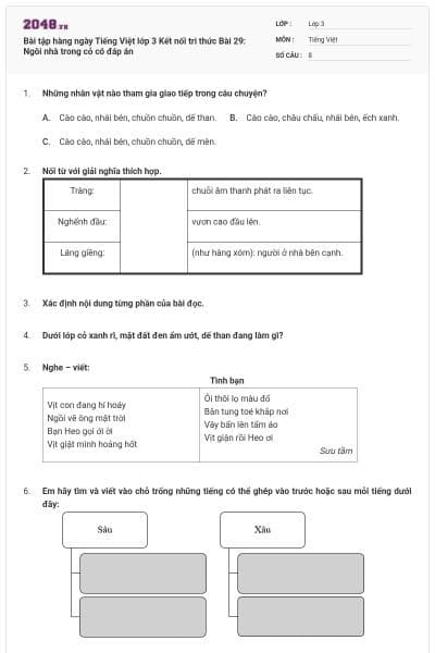 Bài tập hàng ngày Tiếng Việt lớp 3 Kết nối tri thức Bài 29: Ngôi nhà trong cỏ có đáp án