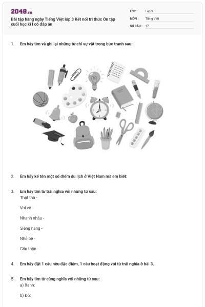 Bài tập hàng ngày Tiếng Việt lớp 3 Kết nối tri thức Ôn tập cuối học kì I có đáp án