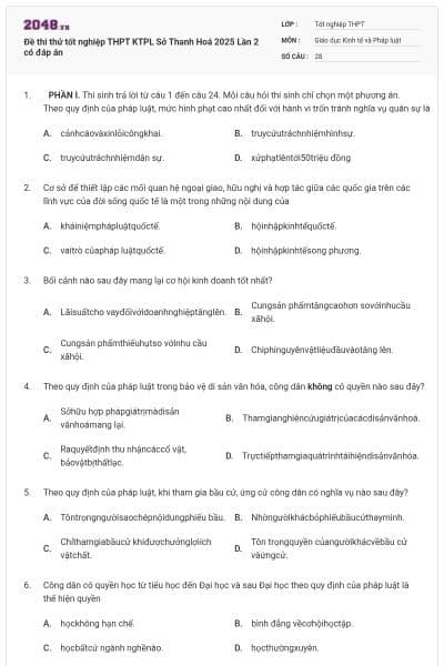 Đề thi thử tốt nghiệp THPT KTPL Sở Thanh Hoá 2025 Lần 2 có đáp án