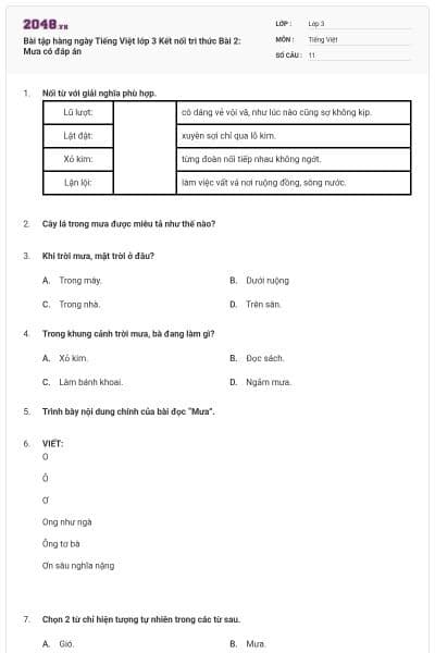 Bài tập hàng ngày Tiếng Việt lớp 3 Kết nối tri thức Bài 2: Mưa có đáp án