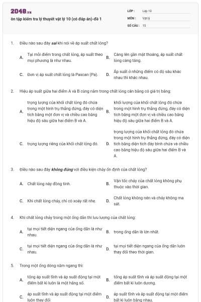 ôn tập kiểm tra lý thuyết vật lý 10 (có đáp án)-đề 1
