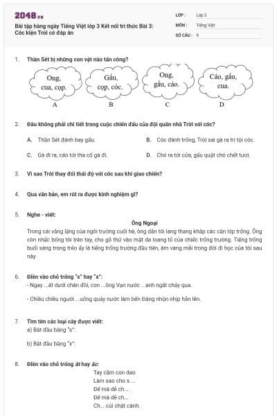 Bài tập hàng ngày Tiếng Việt lớp 3 Kết nối tri thức Bài 3: Cóc kiện Trời có đáp án