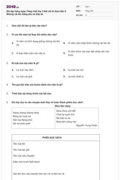 Bài tập hàng ngày Tiếng Việt lớp 3 Kết nối tri thức Bài 4: Những cái tên đáng yêu có đáp án