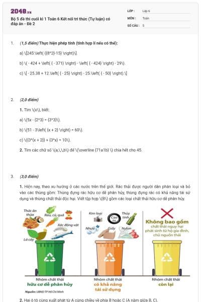 Bộ 5 đề thi cuối kì 1 Toán 6 Kết nối tri thức (Tự luận) có đáp án - Đề 2