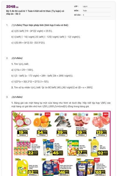Bộ 5 đề thi cuối kì 1 Toán 6 Kết nối tri thức (Tự luận) có đáp án - Đề 3